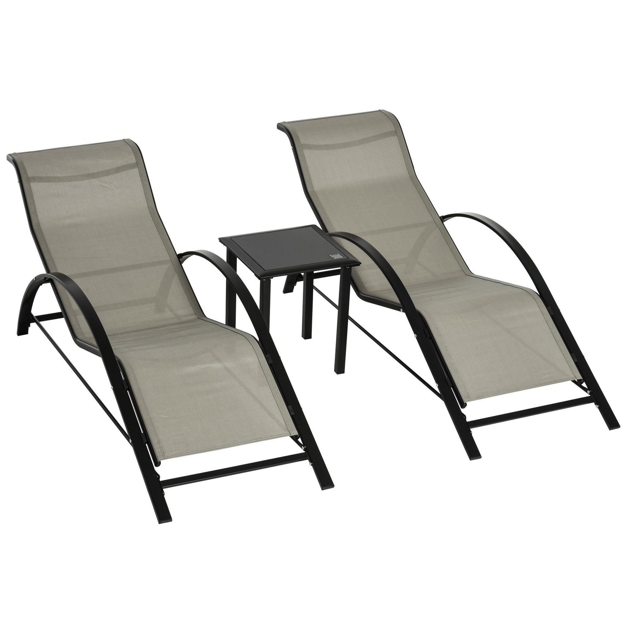 OUTSUNNY Lot de 2 bains de soleil design contemporain table basse plateau verre trempé métal époxy textilène grège