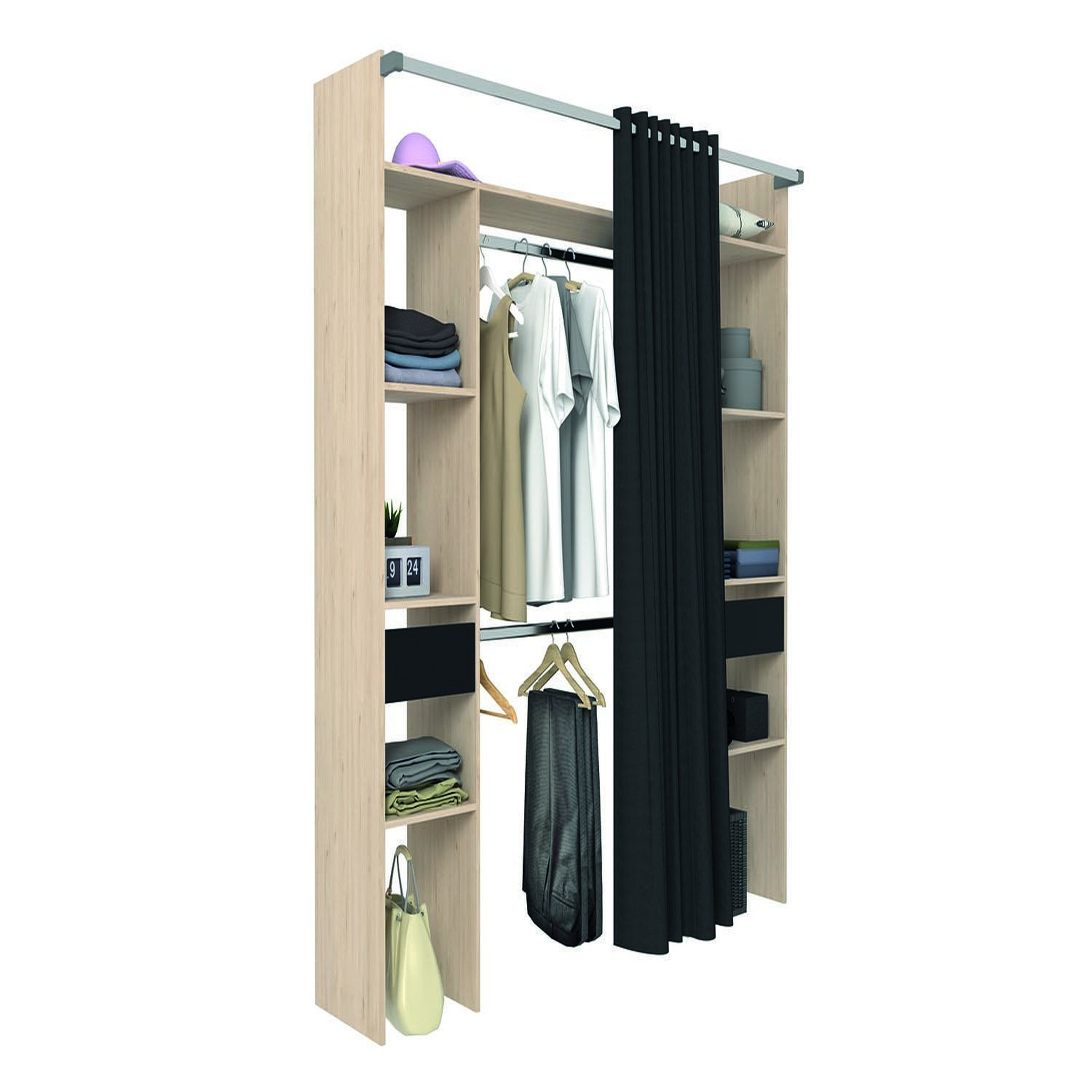 Voir la diapositive 3 : CONCEPT USINE Dressing bois avec rideau noir et 2 penderies 6 étagères et 2 tiroirs elysee