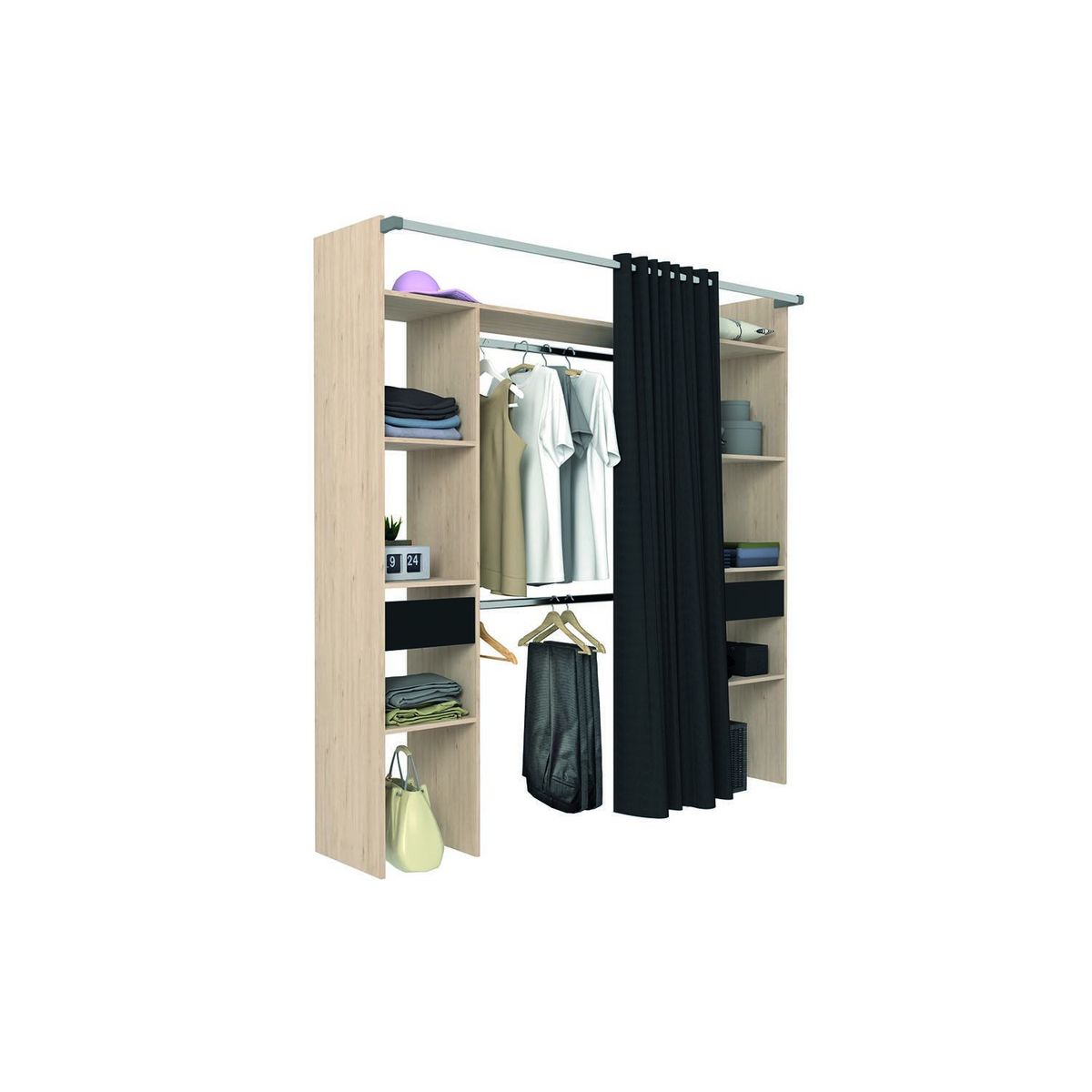 CONCEPT USINE Dressing bois avec rideau noir et 2 penderies, 6 étagères et 2 tiroirs ELYSEE