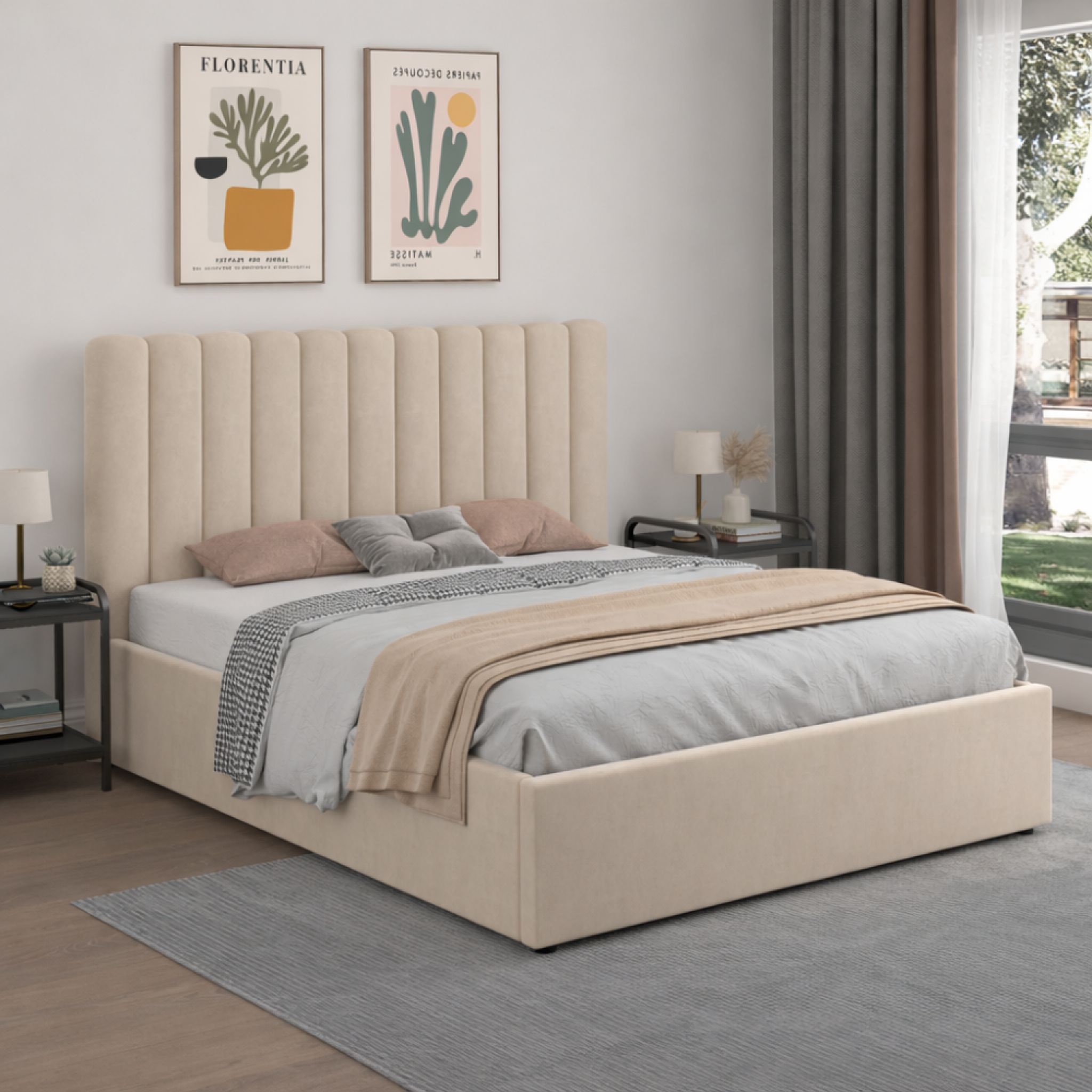 Voir la diapositive 4 : CONCEPT USINE Lit avec coffre de rangement 140x190cm velours beige savannah