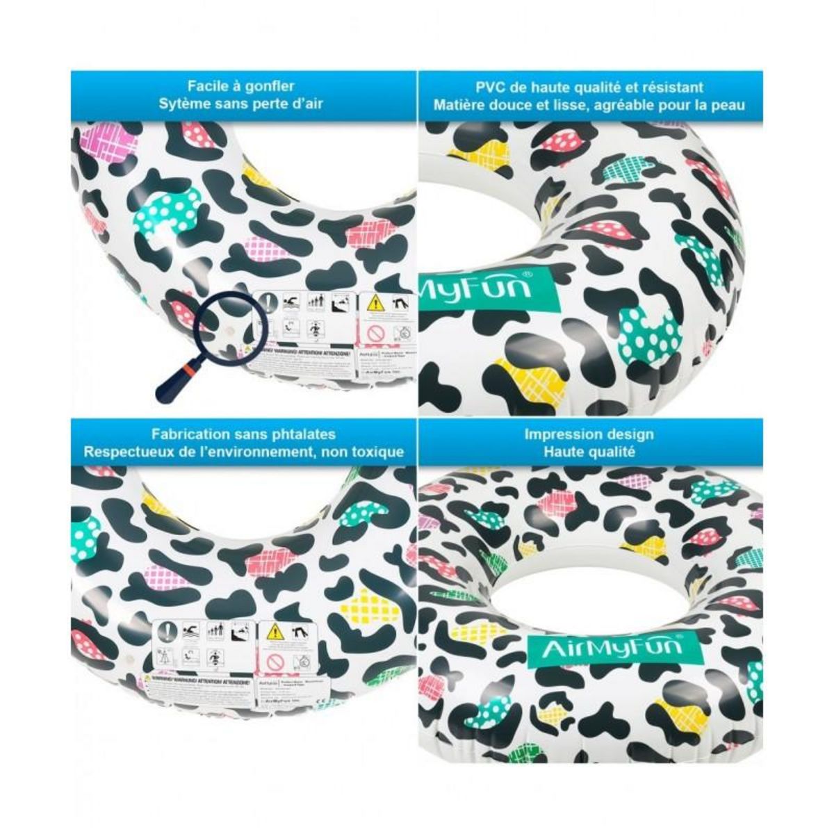 AIRMYFUN Bouée Gonflable XXL et Porte Boisson Gonflable pour Piscine & Plage - Pack Evasion Leopard