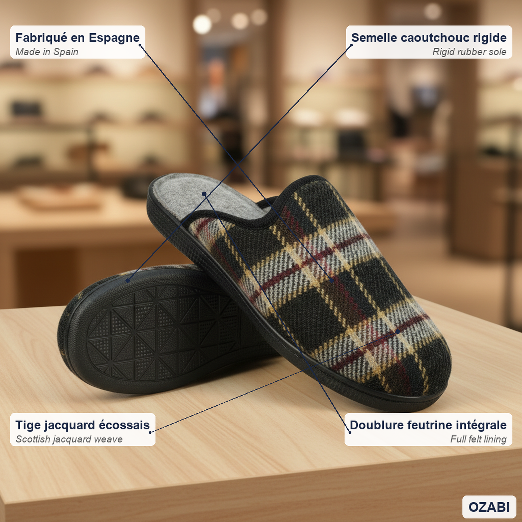 Voir la diapositive 4 : OZABI Ozabi pantoufles mules homme fabriquées en espagne, tige jacquard écossais