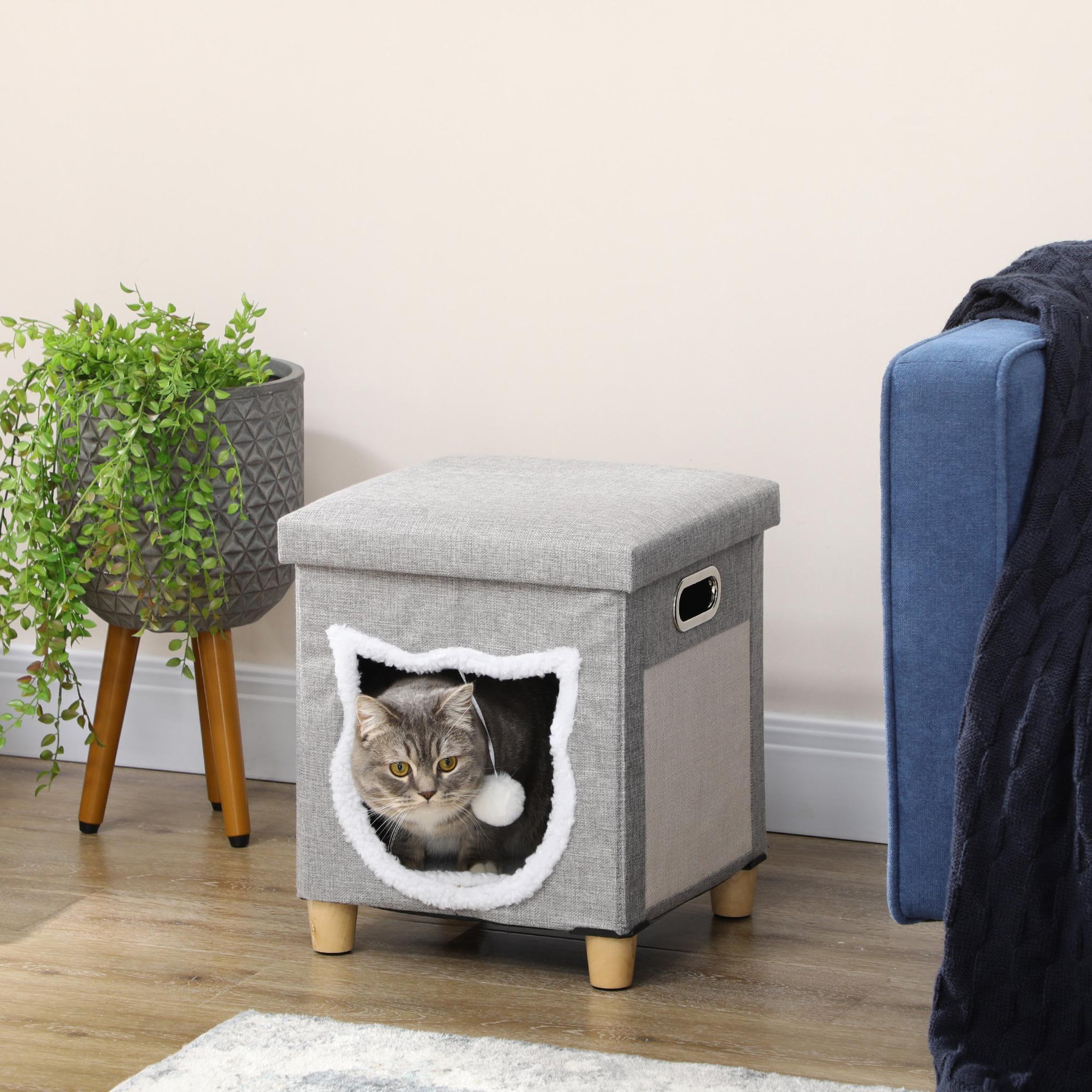 Voir la diapositive 2 : PAWHUT Niche chat grattoir pouf 3 en 1 design porte tête de chat - coussin bouclette amovible inclus - tissu gris