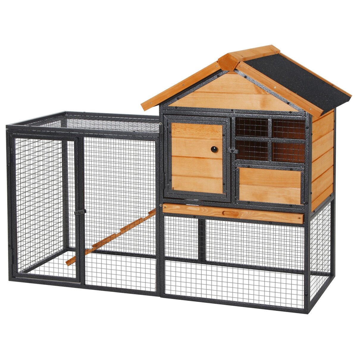 PAWHUT Clapier cage à lapins cottage - niche supérieure avec rampe et enclos extérieur - plateau excrément, fenêtre, 2 portes verrouillables - métal époxy pin pré-huilé