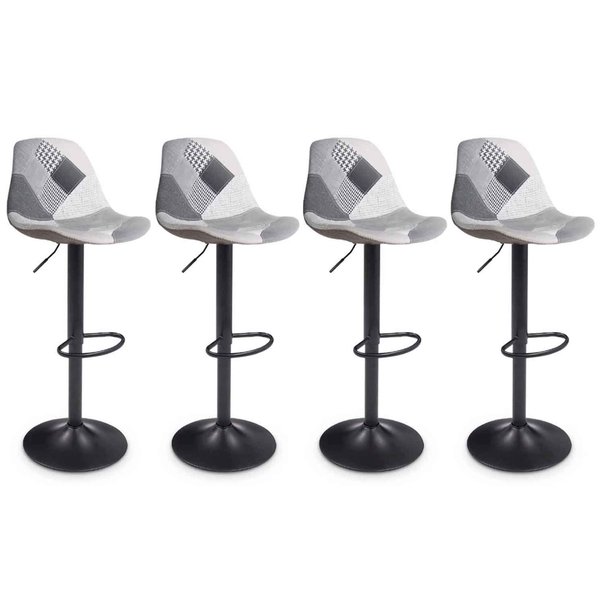 ID MARKET Lot de 4 tabourets de bar karl design patchworks noirs, gris et blancs pied noir