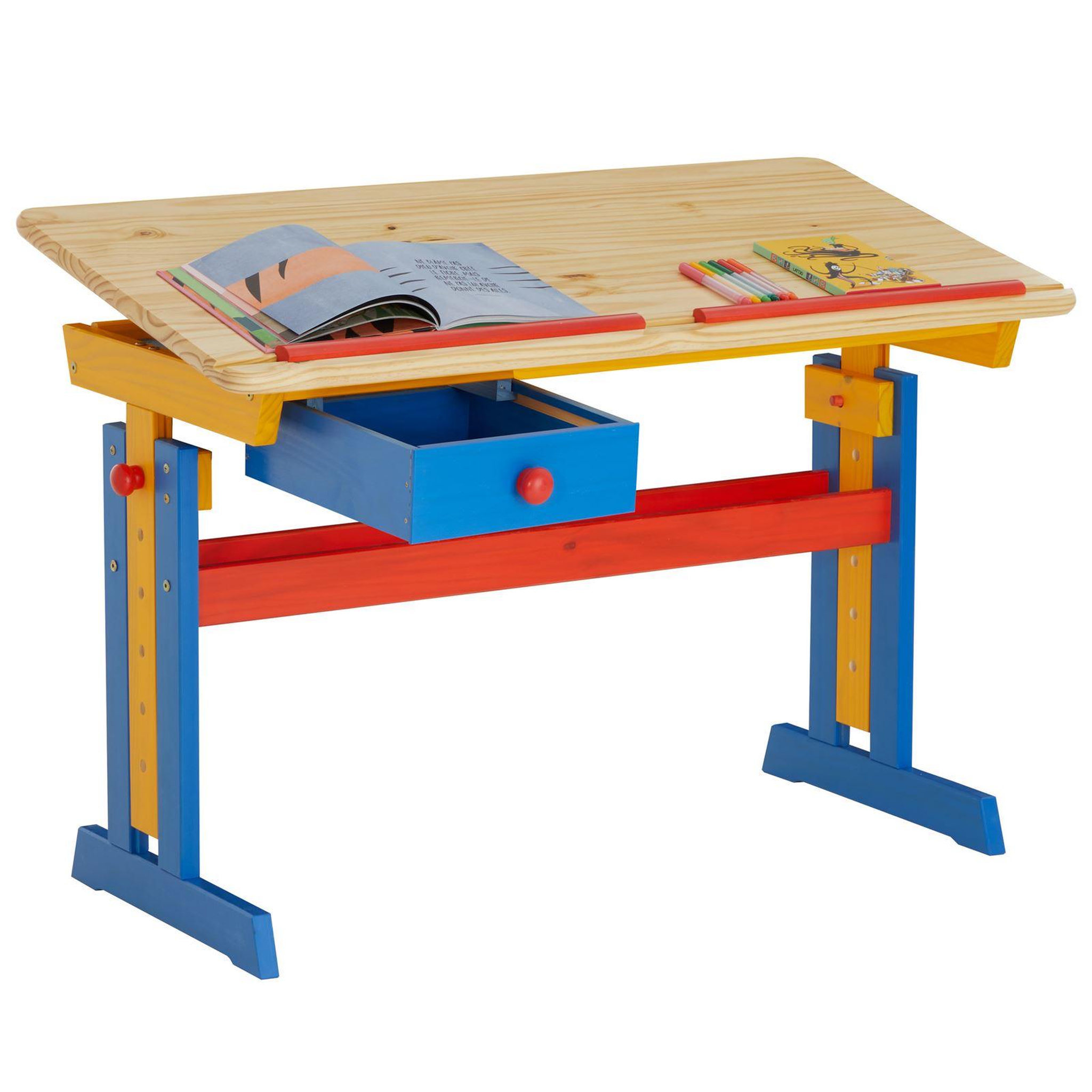 Voir la diapositive 4 : IDIMEX Bureau enfant FLEXI, en pin massif, réglable en hauteur et plateau inclinable
