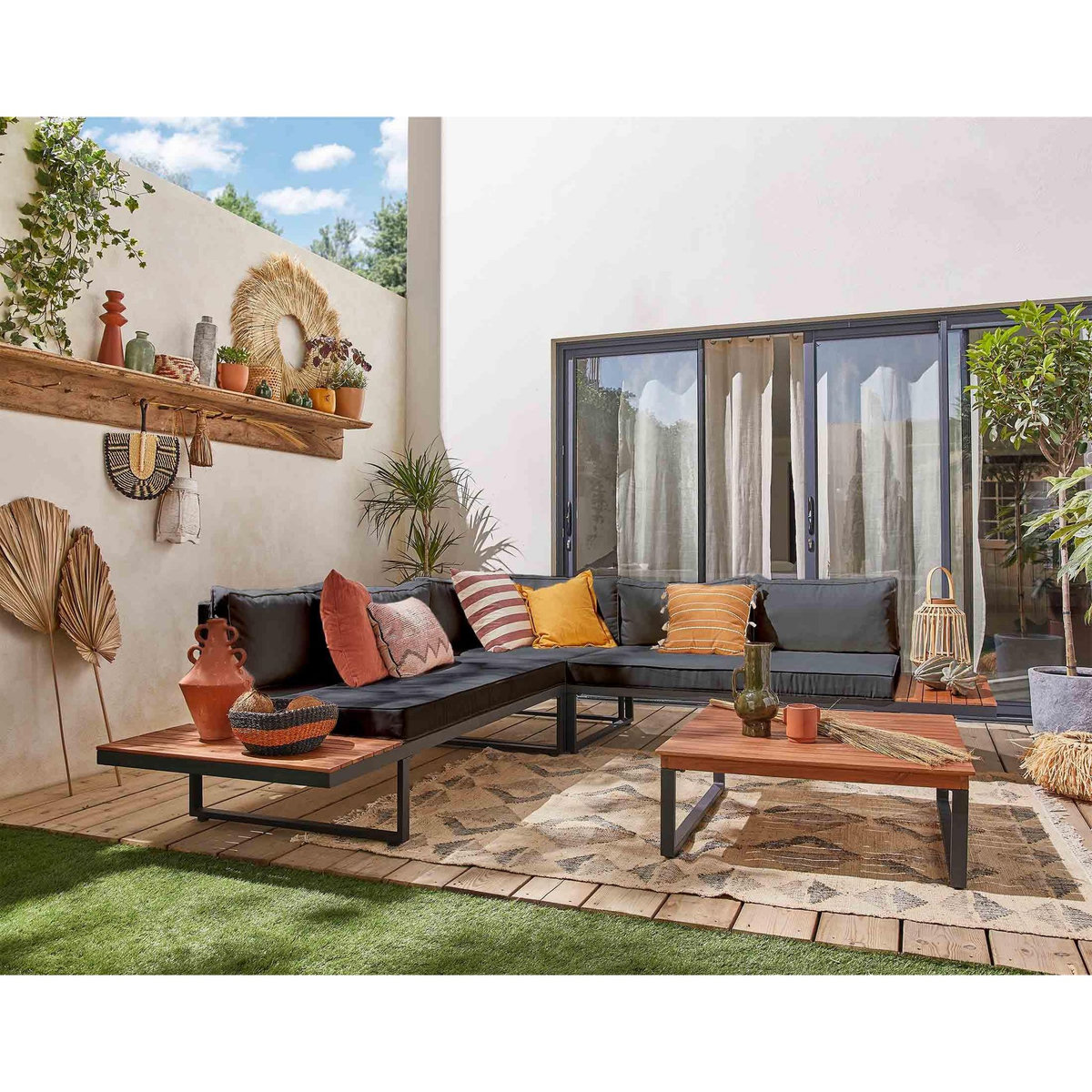 BEST MOBILIER Yulara - salon de jardin en bois et métal - 5 places - coussins gris