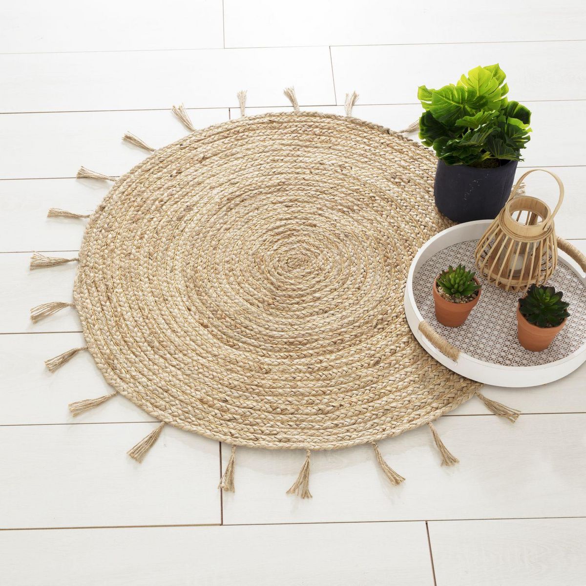 ATMOSPHERA Tapis à franges rond en jute Cosy - Diam. 80 cm - Beige
