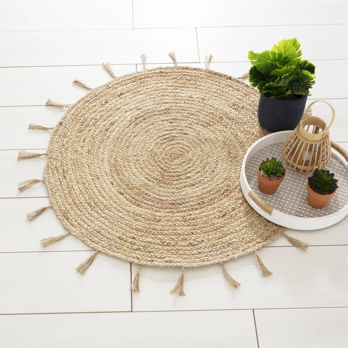 ATMOSPHERA Tapis à franges rond en jute Cosy - Diam. 80 cm - Beige