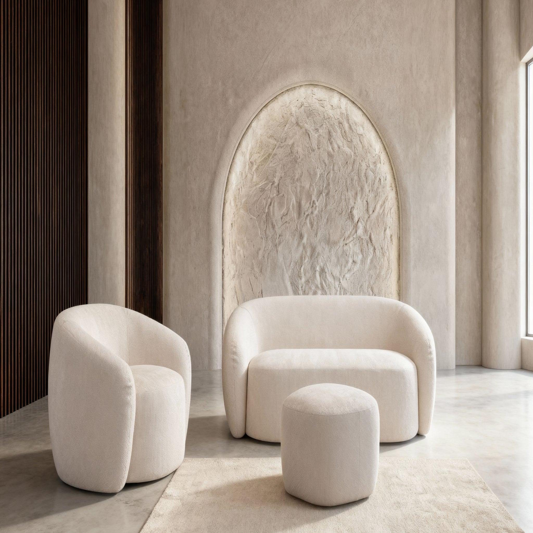 Voir la diapositive 3 : CASANOVA PARIS Aurelie - pack canapé droit 2 places + fauteuil + pouf tissu