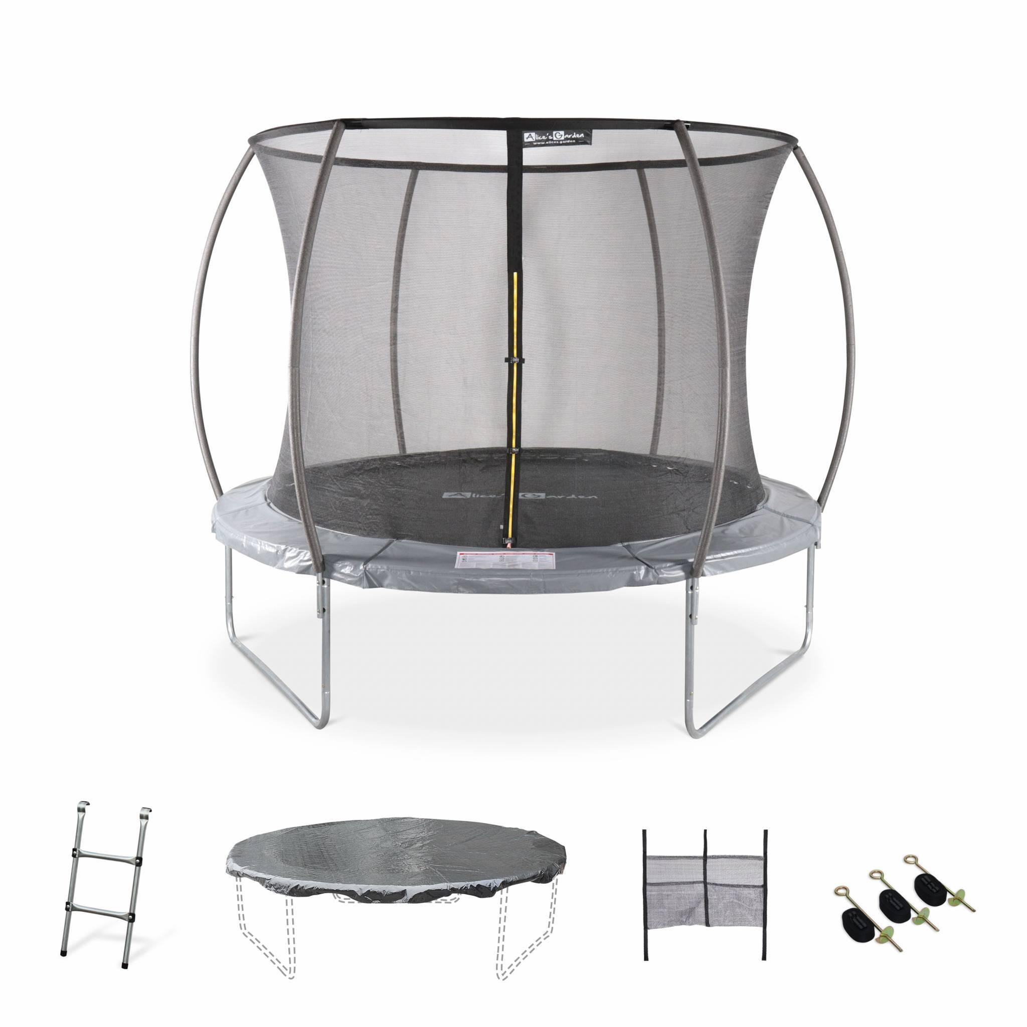 Voir la diapositive 2 : SWEEEK Trampoline Ø 305cm - Mars Inner XXL- trampoline de jardin gris avec filet de protection intérieur. échelle. bâche. filet pour chaussures et kit d'ancrage 3.05m 305cm