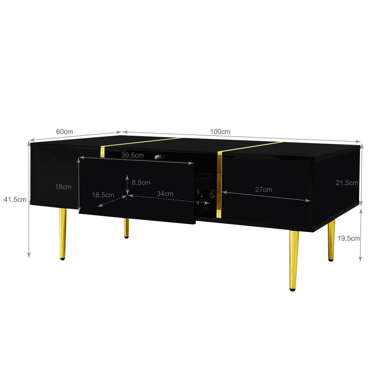 MERAX Table Basse Brillante Avec 2 Tiroirs Noir
