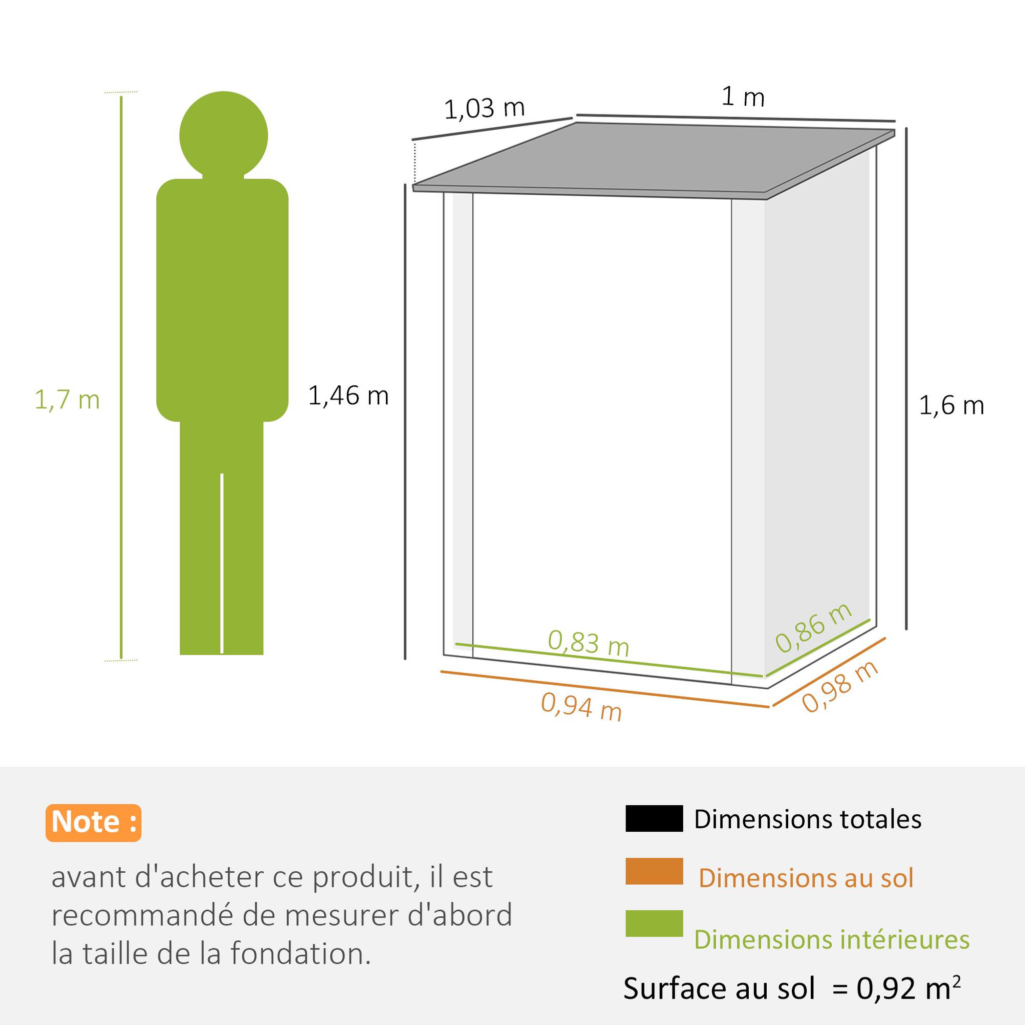 Voir la diapositive 3 : OUTSUNNY Abri de jardin - remise pour outils - cabanon porte verrouillable - dim. 1L x 1,03l x 1,6H m - tôle d'acier ondulée taupe