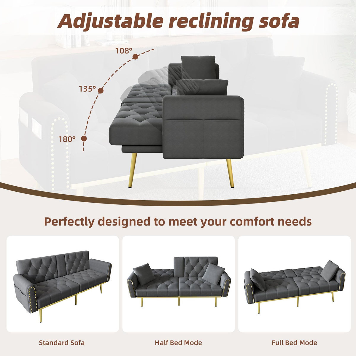 MERAX Canapé droit convertible 2 places velours