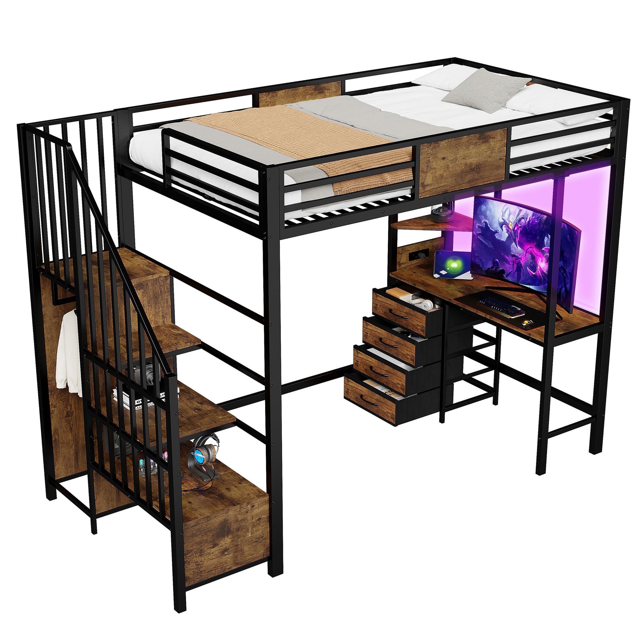 MERAX Lit mezzanine 90x200 cm coloris noir led métal