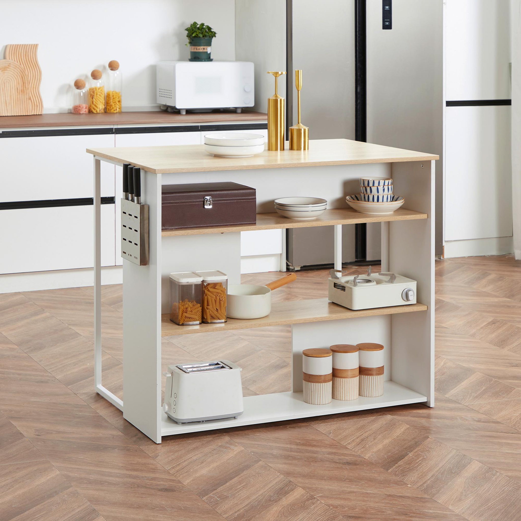 Voir la diapositive 2 : HOMCOM Ilot de cuisine table de bar - 3 étagères, porte-couteaux acier inox. - blanc aspect chêne clair