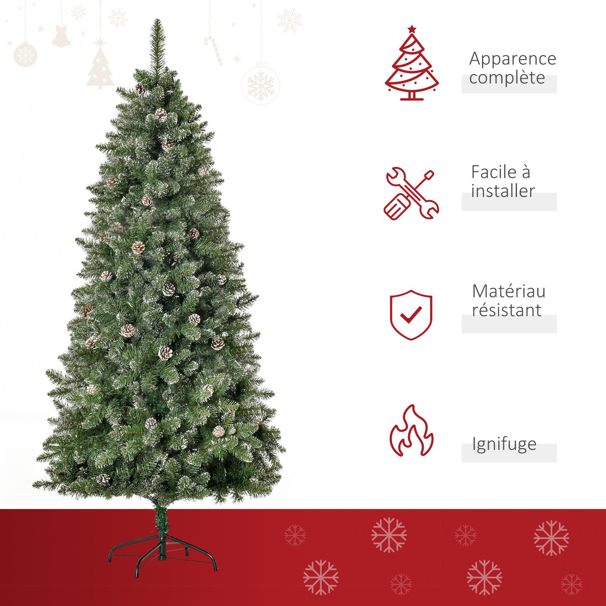 Voir la diapositive 4 : HOMCOM Sapin de Noël artificiel aspect enneigé Ø 86 x 180H cm 50 pommes de pin 718 branches épines imitation Nordmann grand réalisme
