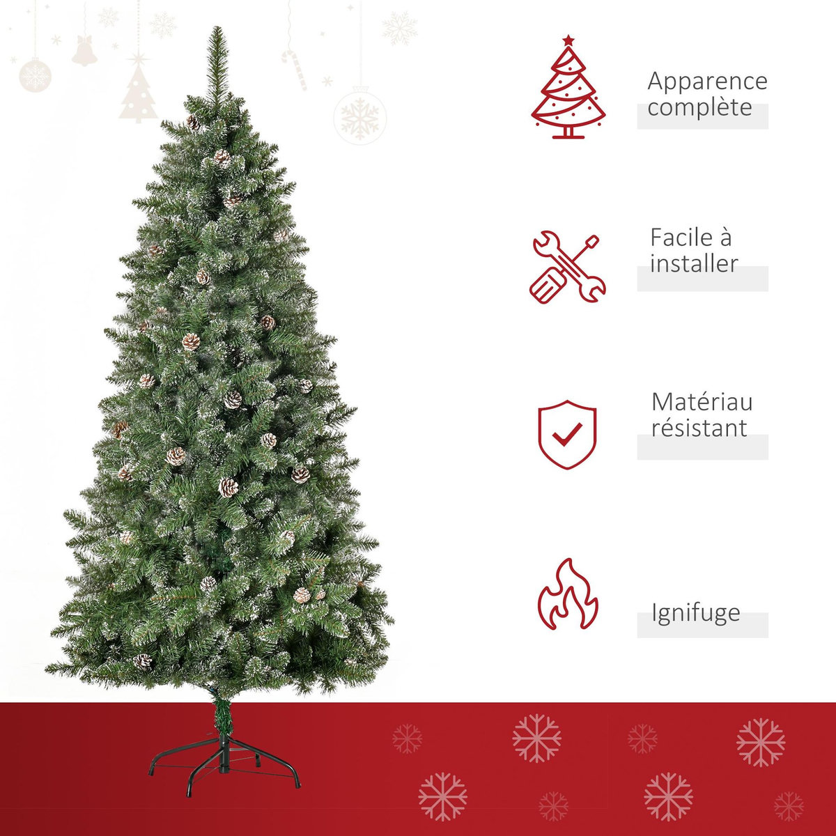 HOMCOM Sapin de Noël artificiel aspect enneigé Ø 86 x 180H cm 50 pommes de pin 718 branches épines imitation Nordmann grand réalisme
