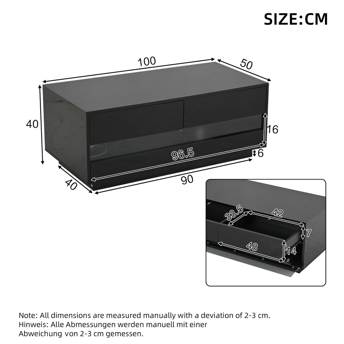 MERAX Table basse rectangulaire noir avec 2 tiroirs - 50x100 cm led mdf