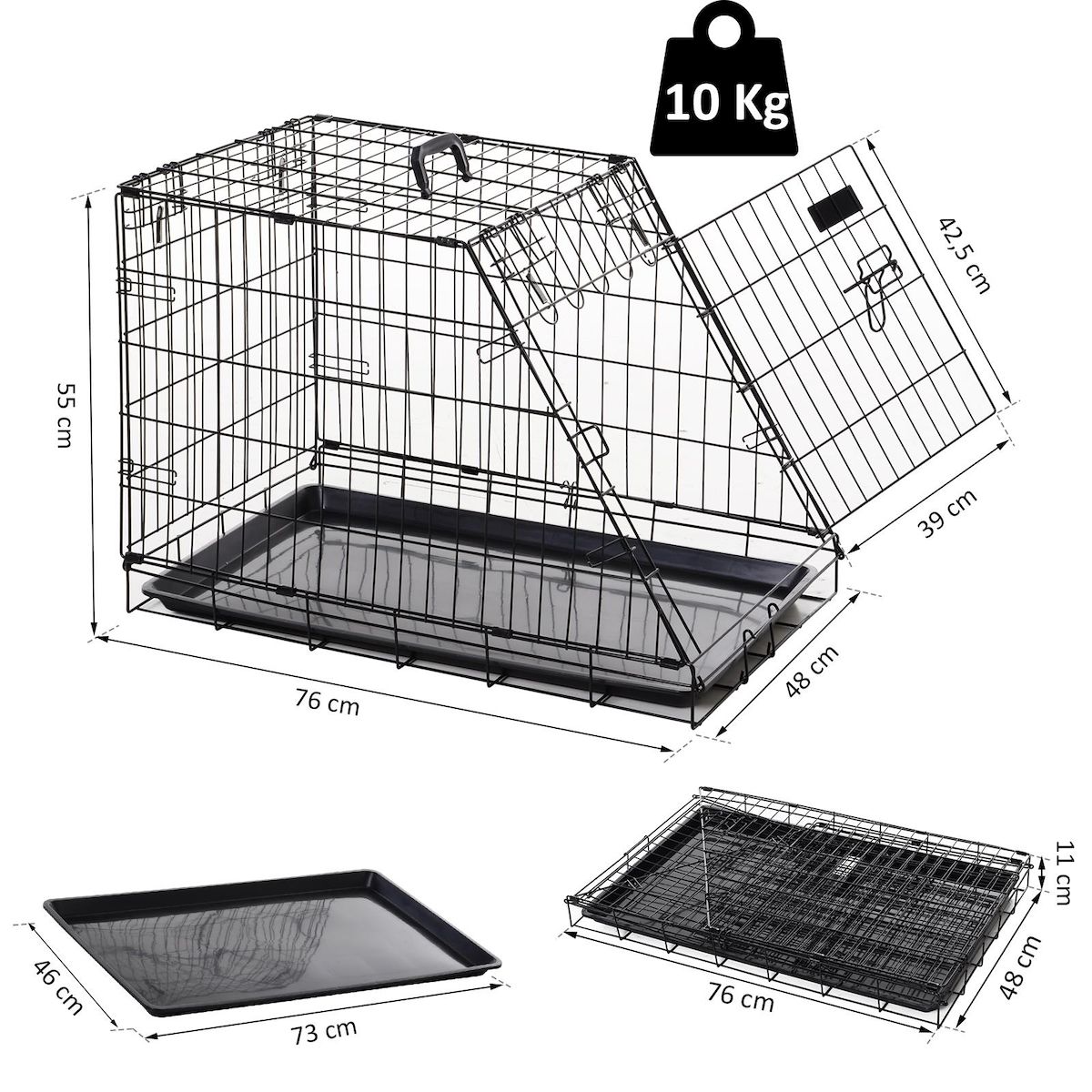 PAWHUT Cage de transport pour chien taille L dim. 76L x 48l x 55H cm métal noir