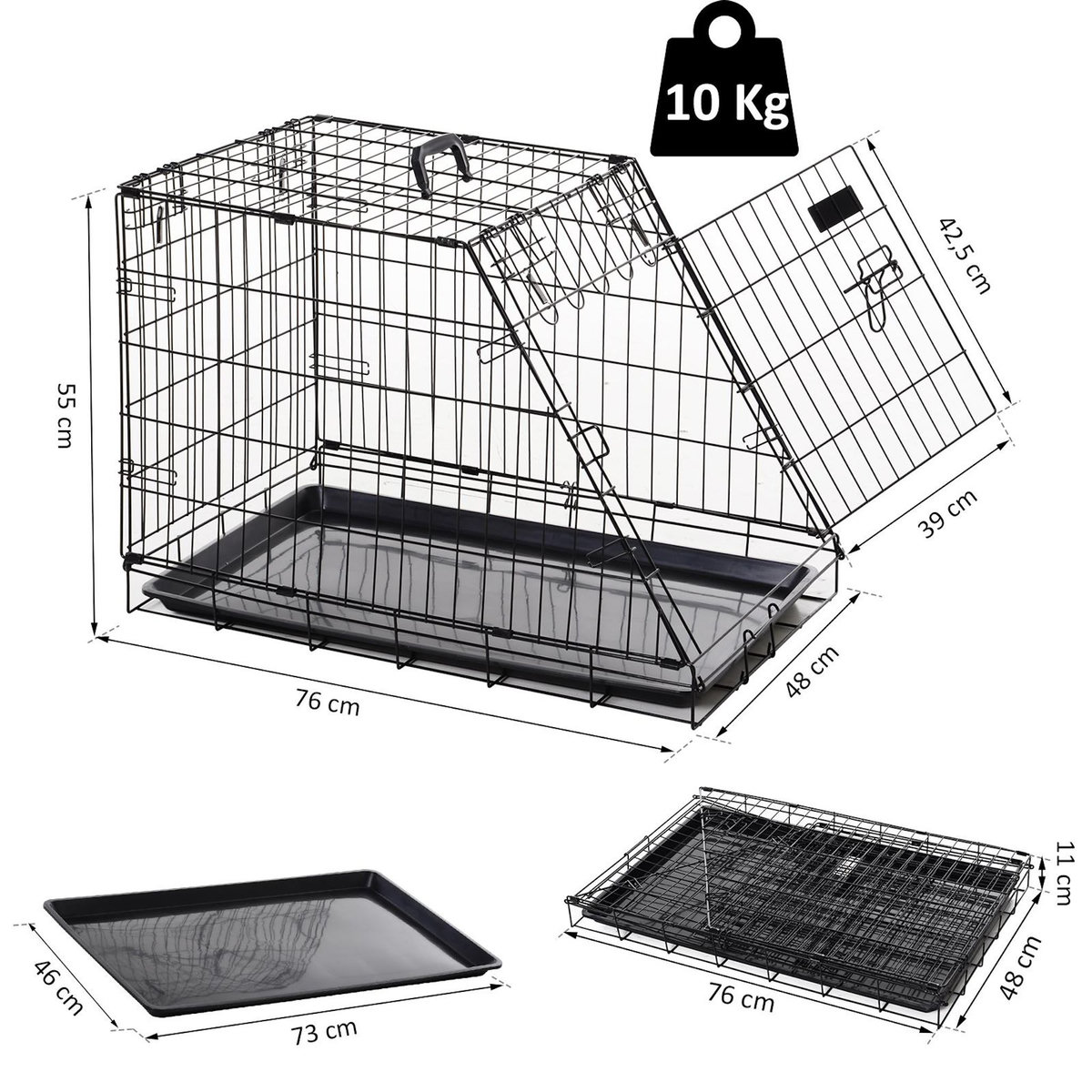 PAWHUT Cage de transport pour chien taille L dim. 76L x 48l x 55H cm métal noir