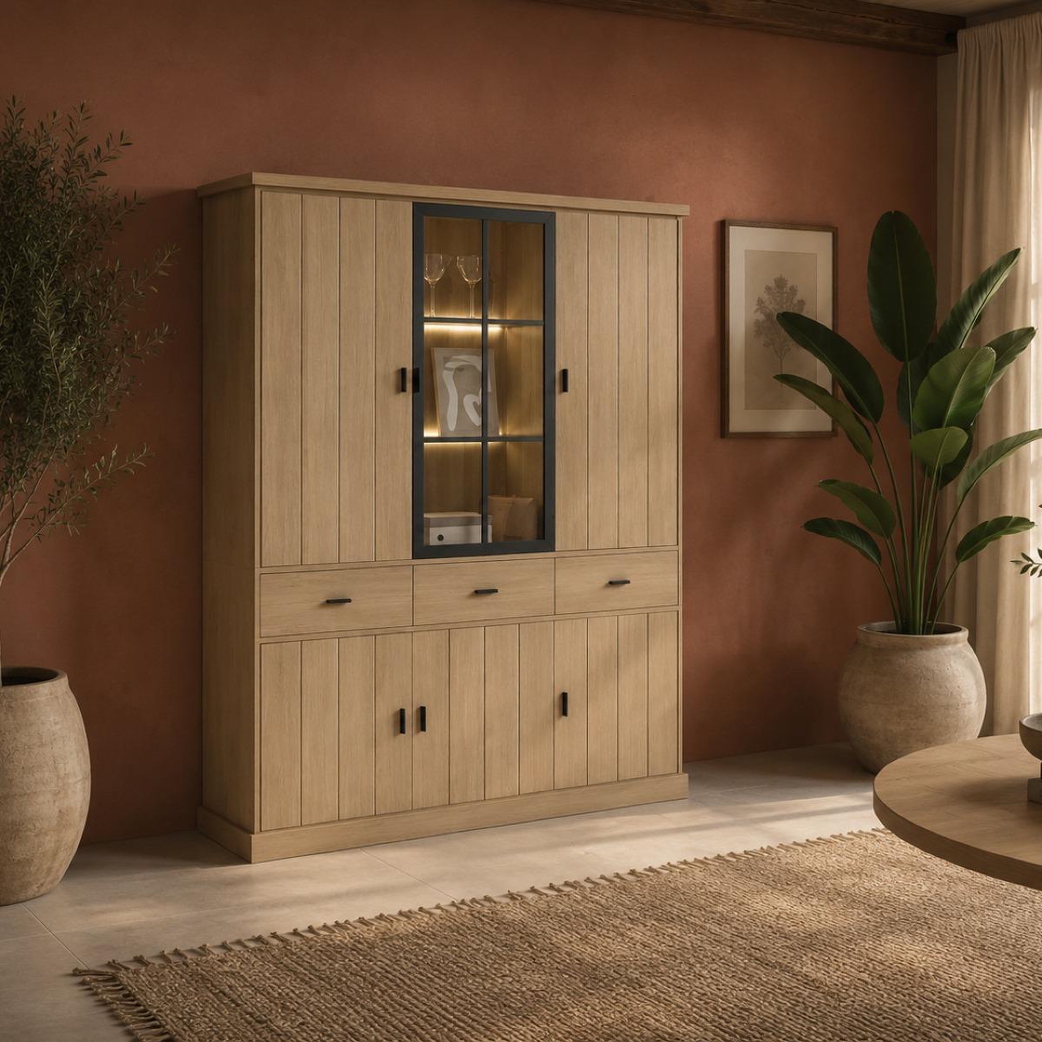 Voir la diapositive 2 : JLC KREATION Vaisselier en bois 3 portes dont 1 vitrée teodora