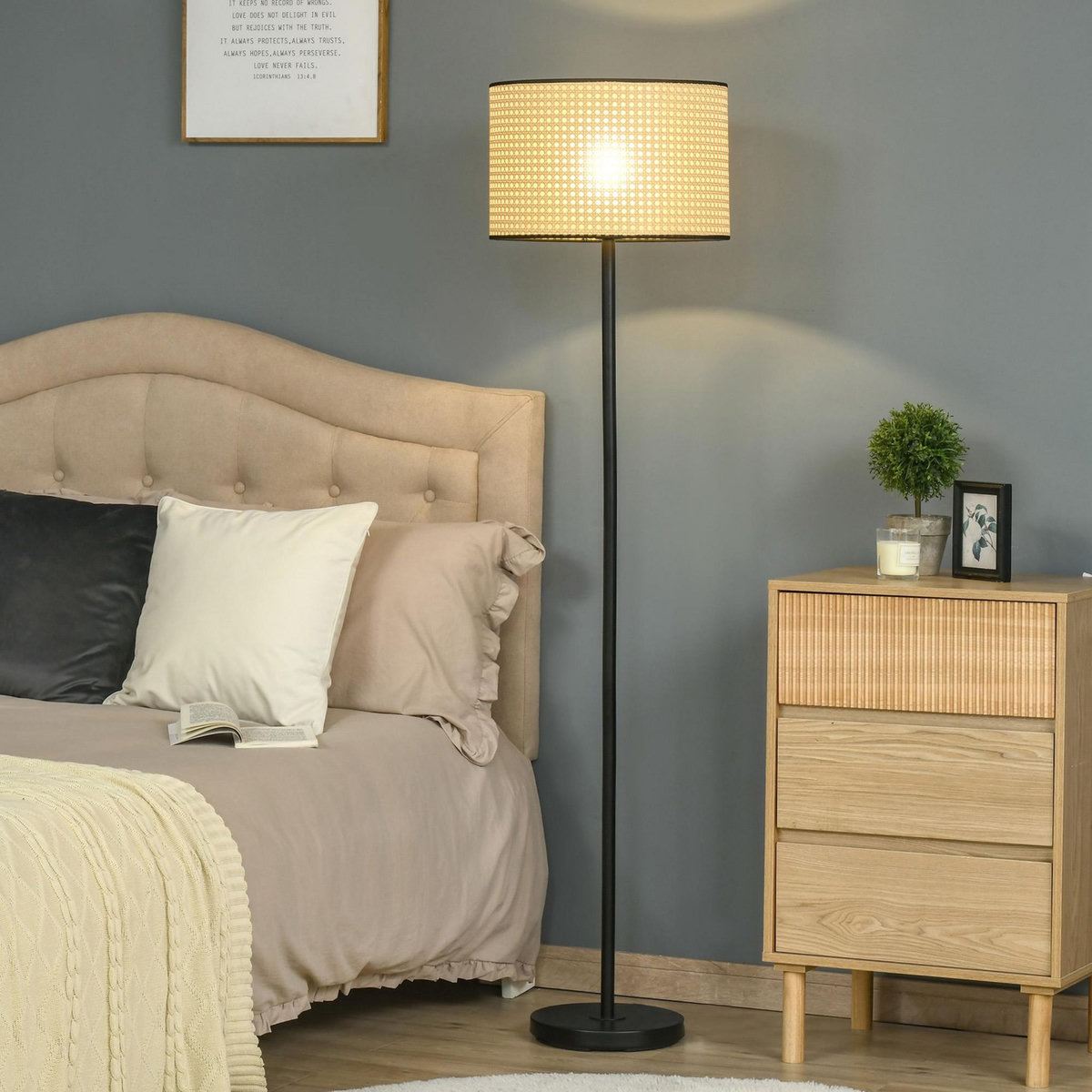 HOMCOM Lampadaire cannage style cosy 40 W max. H.153 cm piètement mât noir abat-jour cannage