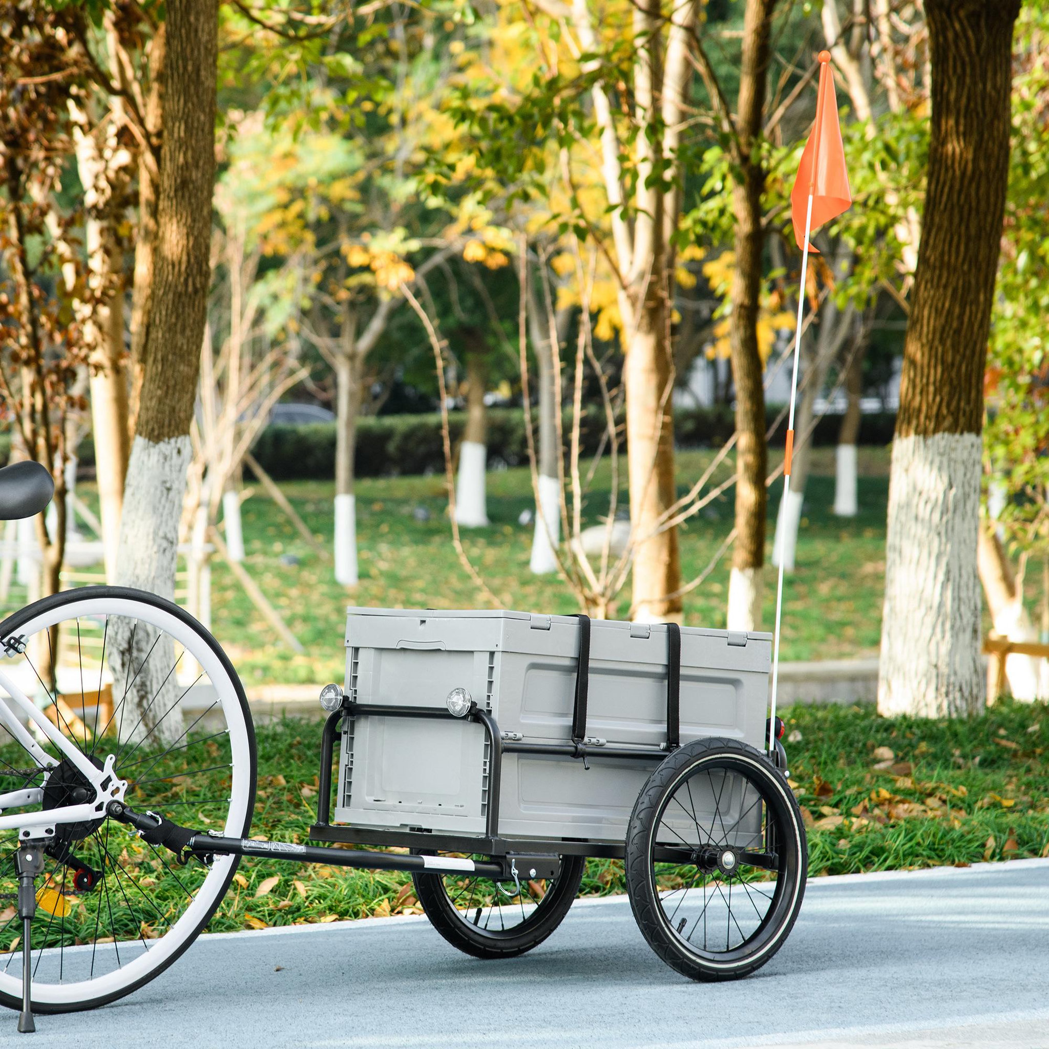 Voir la diapositive 2 : OUTSUNNY Remorque à vélo pliable avec coffre de rangement charge max. 40 Kg gris