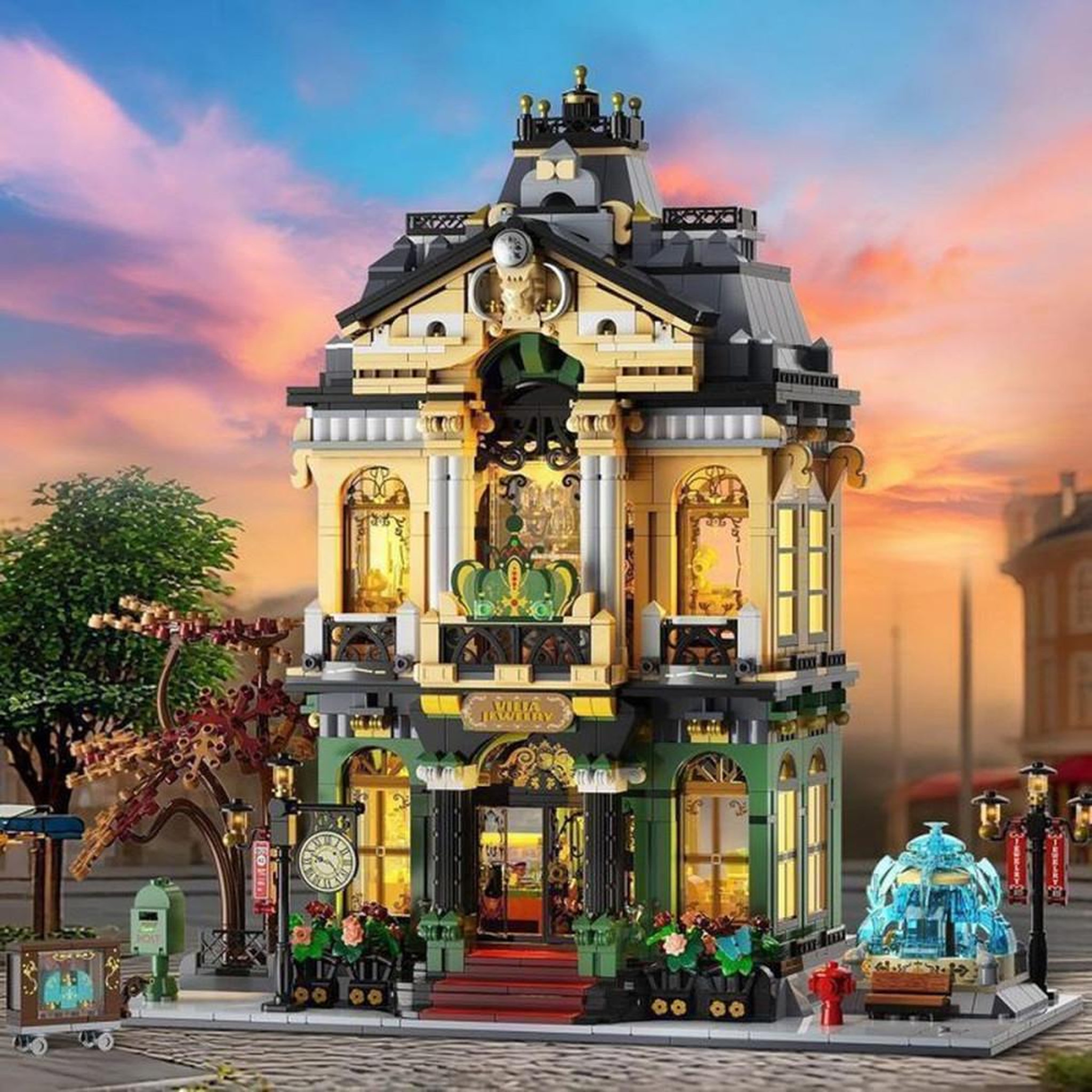 Voir la diapositive 6 : Jeu de construction modulaire Magasin de bijoux, maison urbaine à 2 étages avec LED intégrées, 1933 pièces, style européen baroque