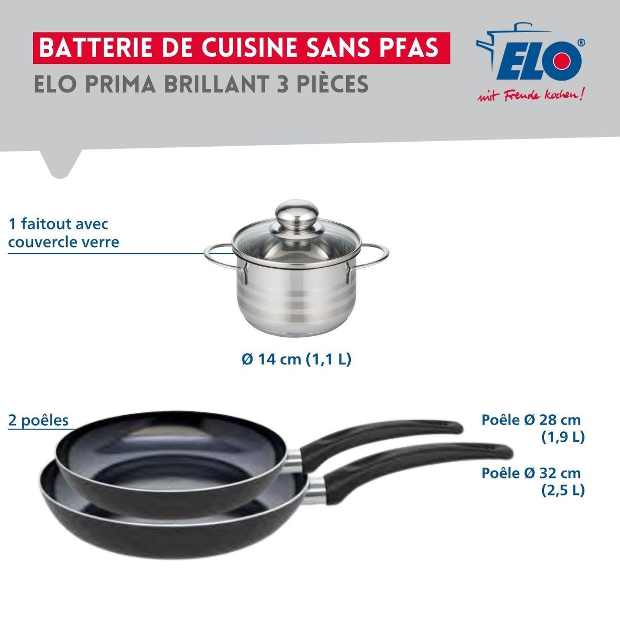 Voir la diapositive 2 : ELO Ensemble de 2 poêles de cuisson 28 et 32 cm et 1 faitout 14 cm elo prima brillant
