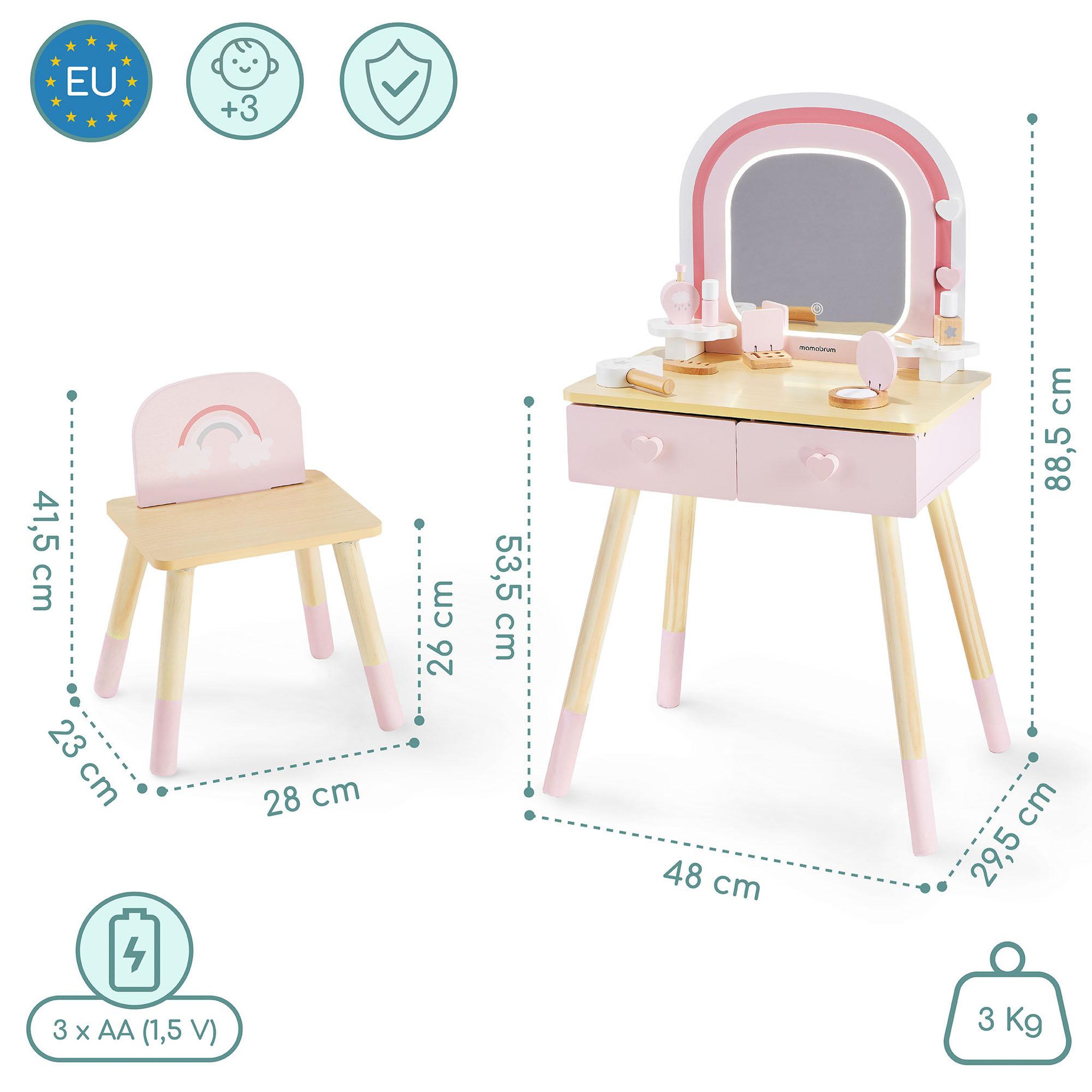 Voir la diapositive 3 : MAMABRUM Coiffeuse Bois Enfant Mamabrum Miroir LED Tactile Chaise Accessoires 3 Ans+