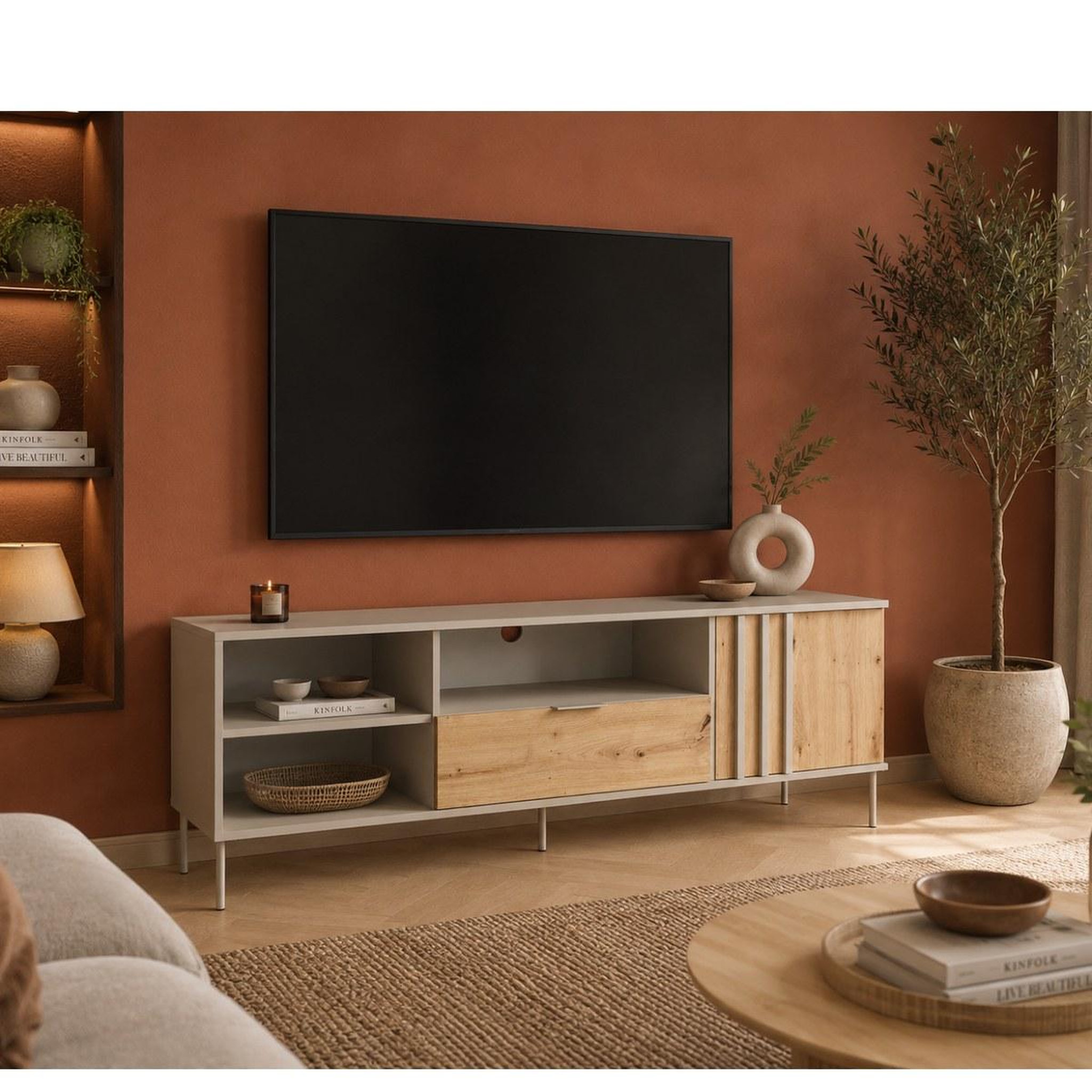 Voir la diapositive 2 : JLC KREATION Meuble tv moderne beige et bois 160cm irina