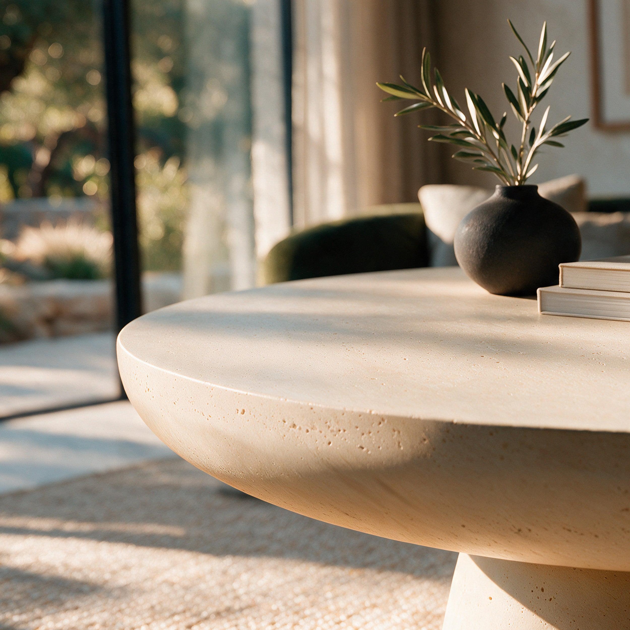 Voir la diapositive 6 : MAISON PAVANE Table basse ronde beige en fibre d'argile effet béton D90 cm-Paros