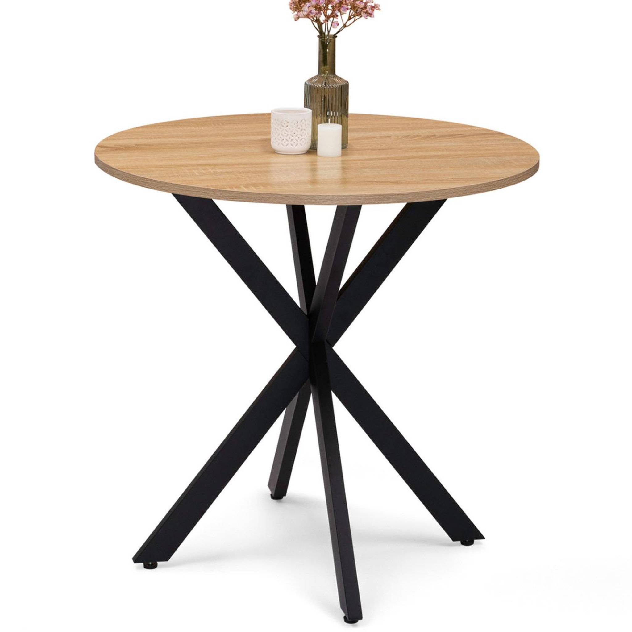 ID MARKET Table à manger ronde alix 4 personnes pied araignée bois et noir 80 cm
