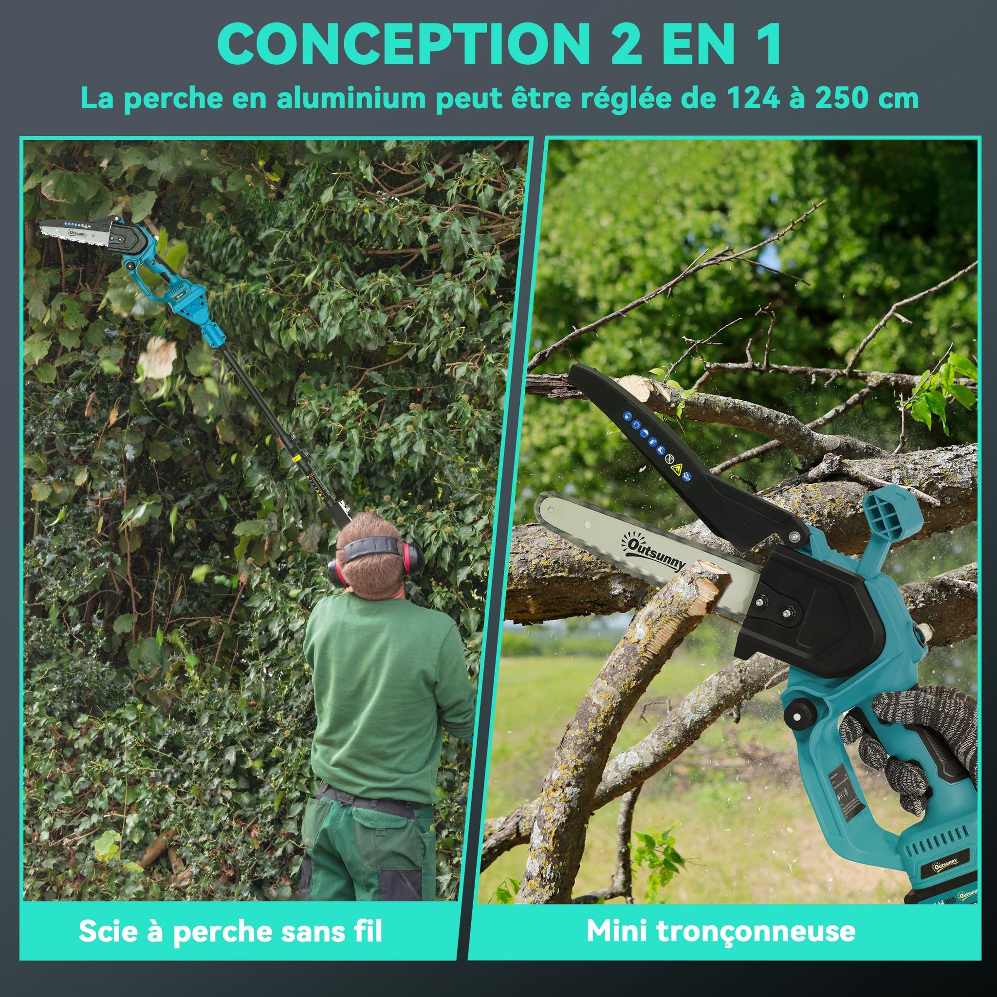 Voir la diapositive 5 : OUTSUNNY Mini tronçonneuse sans fil 580W - scie d'élagage électrique portable 18V 8 pouces - kit complet bleu