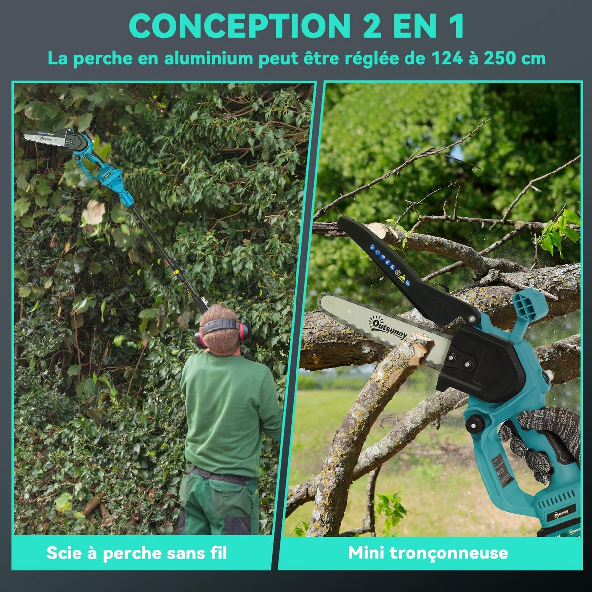 OUTSUNNY Mini tronçonneuse sans fil 580W - scie d'élagage électrique portable 18V 8 pouces - kit complet bleu