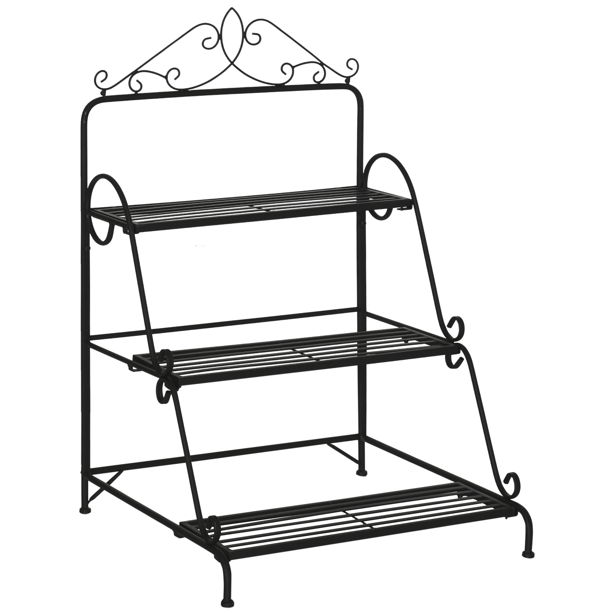 Voir la diapositive 1 : OUTSUNNY Support pour plantes présentoir avec étagères en métal 3 niveaux forme escalier intérieur/extérieur dim. 60,5L x 59,5l x 95,5H cm noir