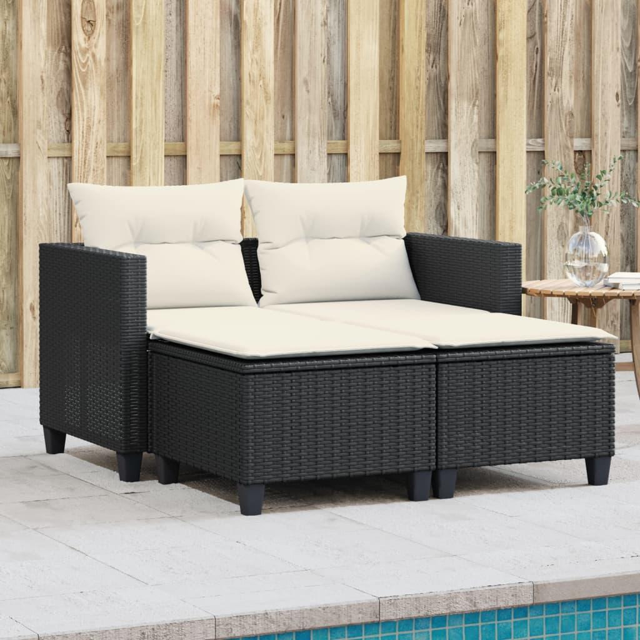 VIDAXL Canape de jardin 2 places avec tabourets noir resine tressee