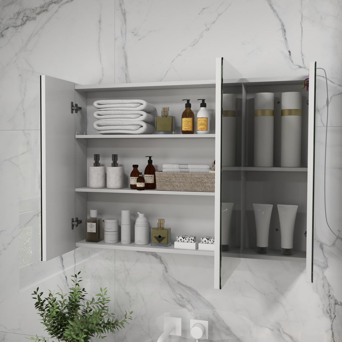 KLEANKIN Armoire miroir LED de salle de bain - 3 portes, 3 étagères - tactile, lumière réglable - MDF blanc laqué verre