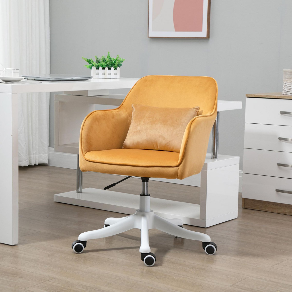 HOMCOM Chaise de bureau velours fauteuil bureau massant coussin lombaire intégré hauteur réglable pivotante 360° jaune