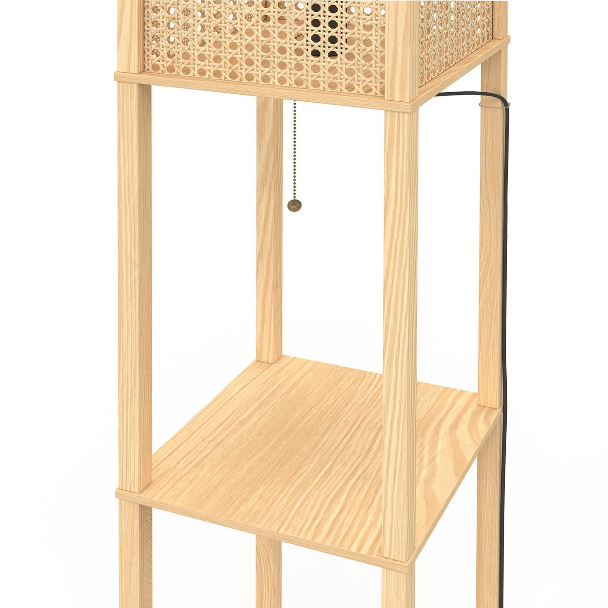 Voir la diapositive 5 : ID MARKET Lampadaire naturel en bois clair avec étagères et abat-jour carré effet cannage