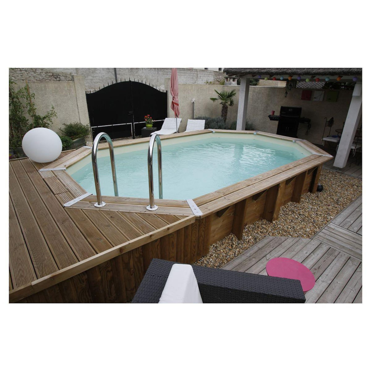 UBBINK Piscine hors sol bois octogonale - 355x550x120cm - Liner Beige - OCEA