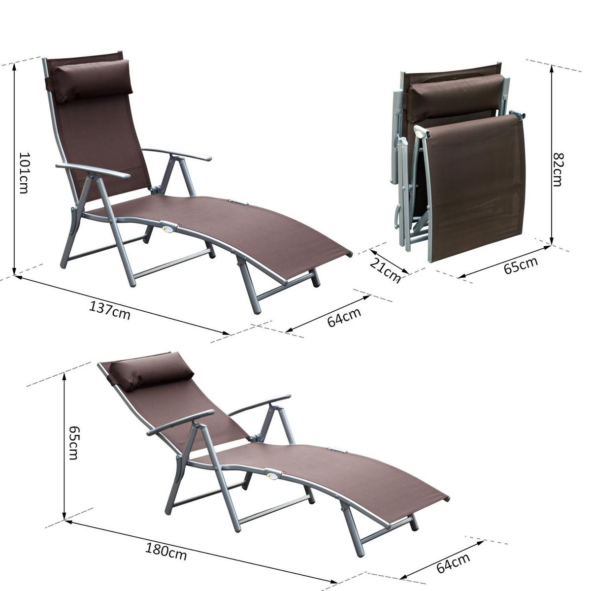 OUTSUNNY Outsunny transat chaise longue bain de soleil pliable dossier inclinable multi-positions têtière fournie 137L x 64l x 101H cm métal époxy textilène marron