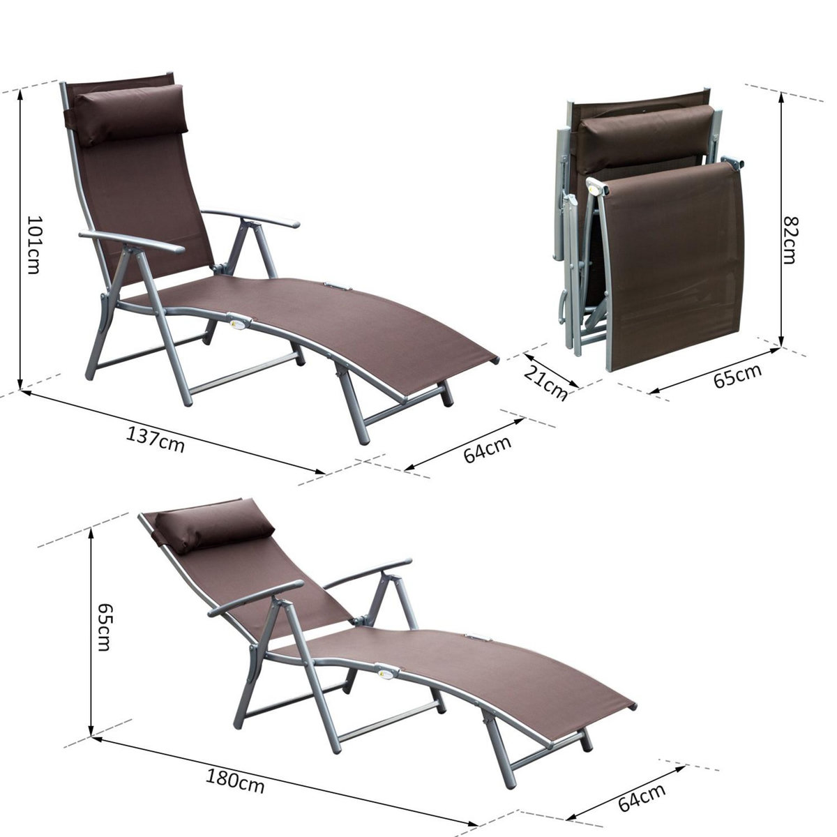 OUTSUNNY Outsunny transat chaise longue bain de soleil pliable dossier inclinable multi-positions têtière fournie 137L x 64l x 101H cm métal époxy textilène marron