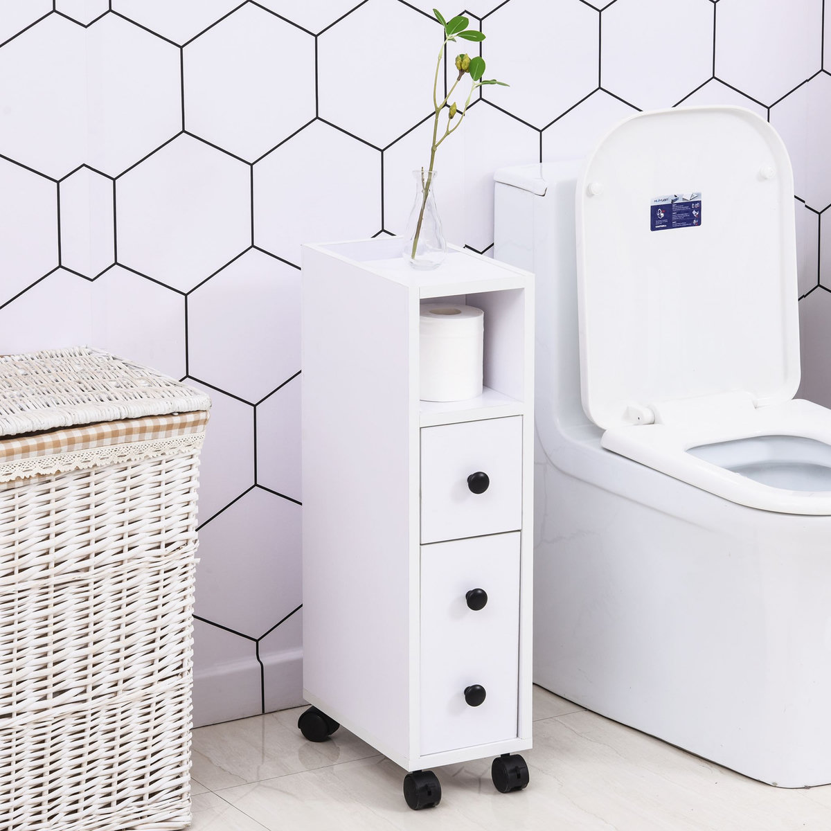 HOMCOM Meuble bas colonne rangement salle de bain à roulettes blanc dim. 18L x 30l x 68,5H cm