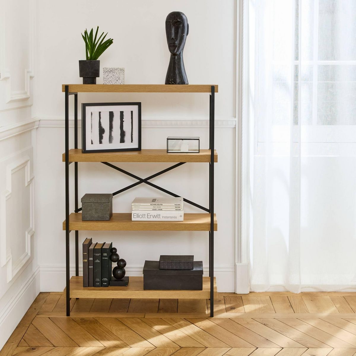 SWEEEK Etagère 4 niveaux industrielle effet frêne et métal - LOFT-   L 80 x l 30 x H 120cm