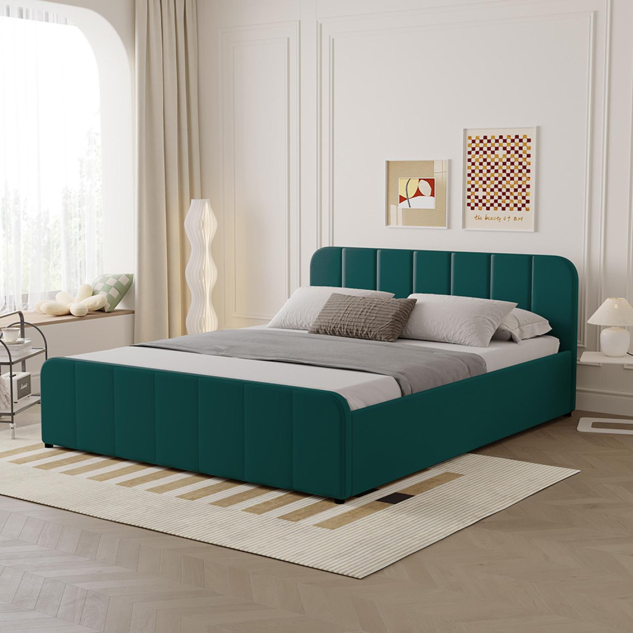 Voir la diapositive 2 : CONCEPT USINE Lit avec coffre de rangement 160x200cm en velours vert tampa
