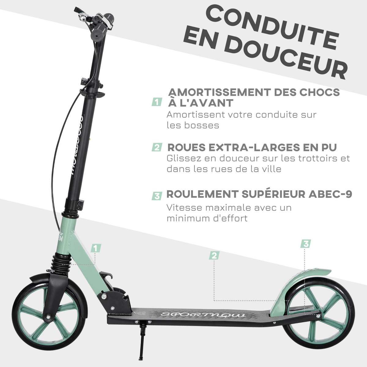 HOMCOM Trottinette pliable adulte béquille double frein amortisseur hauteur guidon réglable roulement PU abec-9 alu. métal vert noir