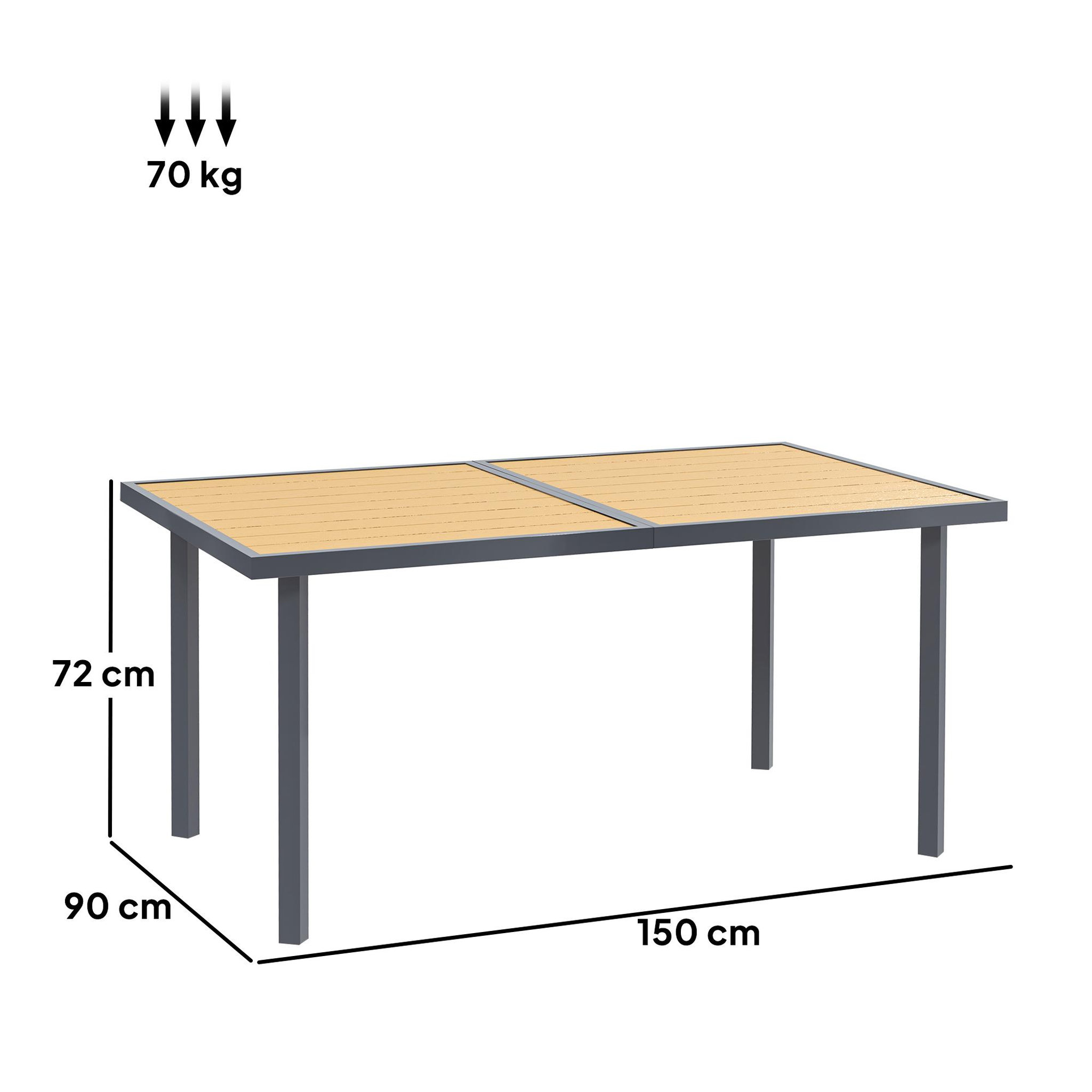 Voir la diapositive 3 : OUTSUNNY Table de jardin 6 personnes rectangulaire dim. 150 x 90 x 72 cm métal gris plateau effet bois naturel