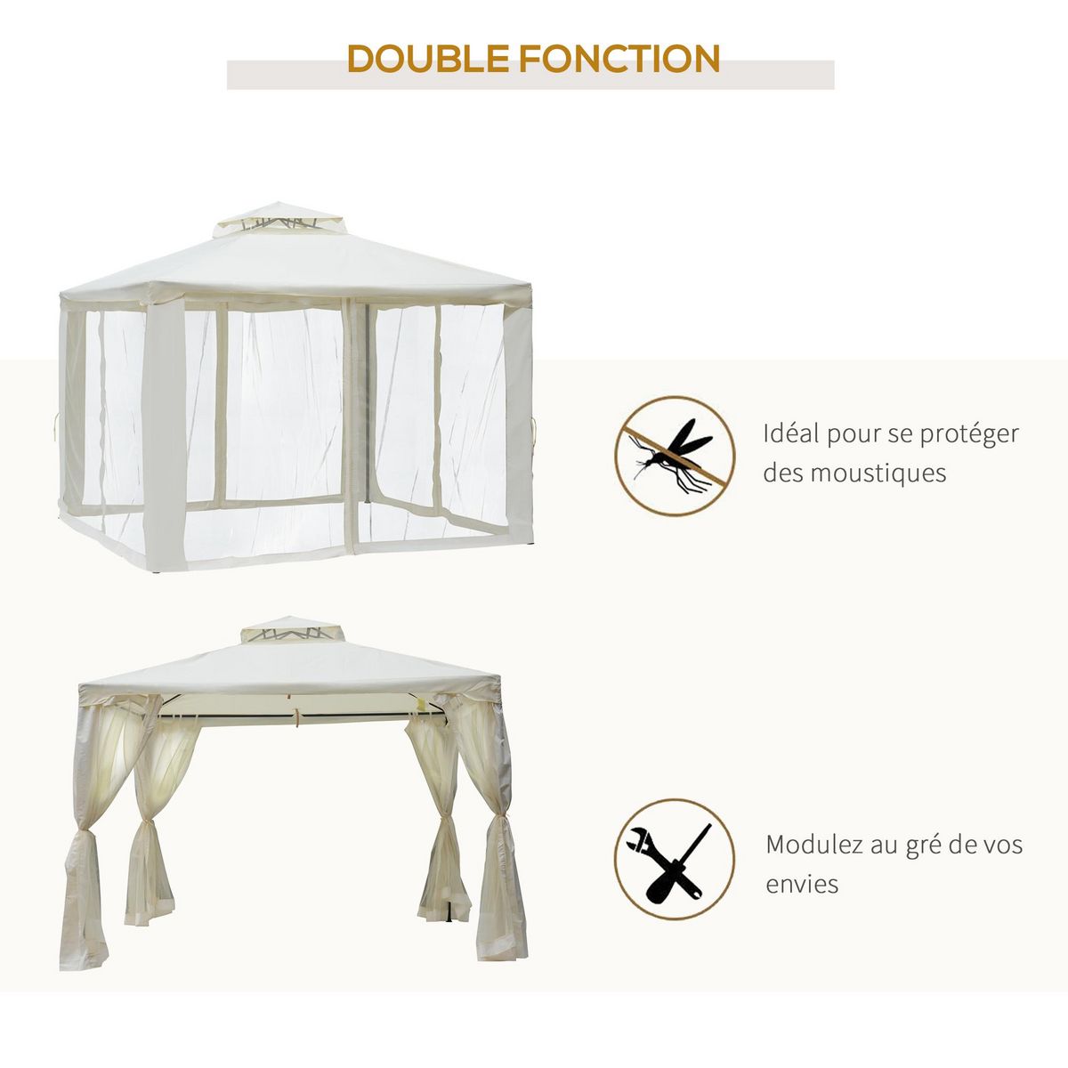 OUTSUNNY Pavillon de jardin tonnelle barnum style colonial double toit toiles moustiquaires amovibles zippées crème